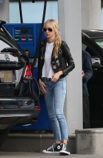 KIMBERLY STEWART in Leather Jacket and Denim at a Gas Station in Beverly Hills 03/05/2020