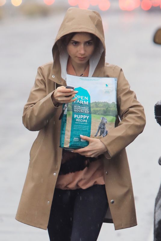LILY COLLINS Out in the Rain to Pick Up Dog Food in Los Angeles 03/13/2020