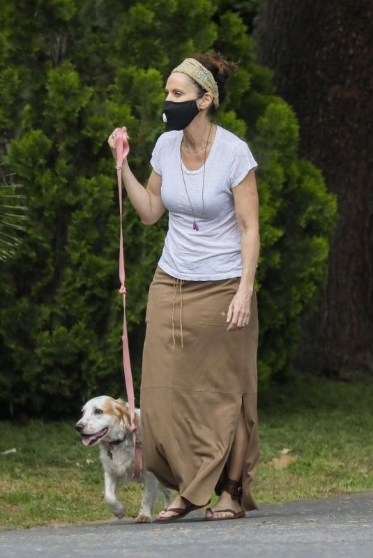 AMY BRENNEMAN Wearing Mask Out with Her Dog in Beverly Hills 04/29/2020