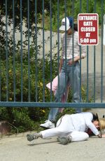 ANDIE MACDOWELL and MARGARET and RAINEY QUALLEY Sneaking Out of Closed Park in Los Angeles 04/19/20