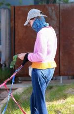 CALISTA FLOCKHART Wearing Bandana Mask Out with Her Dogs in Los Angeles 04/13/2020