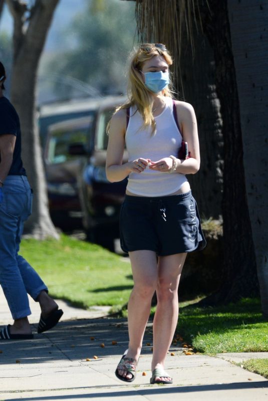 ELLE FANNING in Shorts Wearing Mask Out in Sherman Oaks 04/28/2020