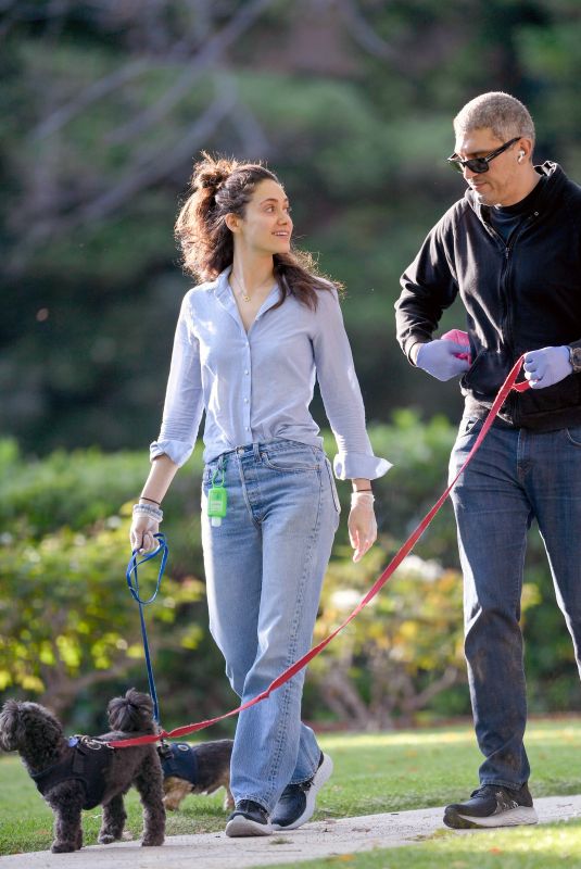 EMMY ROSSUM and Sam Esmail Wearing Rubber Gloves Out with Their Dogs in Los Angeles 04/01/2020