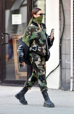 IRINA SHAYK in Camouflage Moschino Jumpsuit and Army Green Scarf Out in New York 04/14/2020