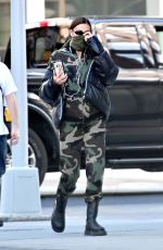 IRINA SHAYK in Camouflage Moschino Jumpsuit and Army Green Scarf Out in New York 04/14/2020