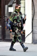IRINA SHAYK in Camouflage Moschino Jumpsuit and Army Green Scarf Out in New York 04/14/2020