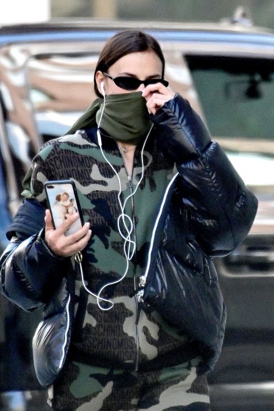 IRINA SHAYK in Camouflage Moschino Jumpsuit and Army Green Scarf Out in New York 04/14/2020