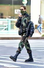 IRINA SHAYK in Camouflage Moschino Jumpsuit and Army Green Scarf Out in New York 04/14/2020