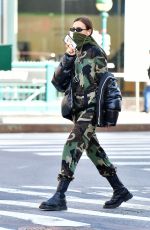 IRINA SHAYK in Camouflage Moschino Jumpsuit and Army Green Scarf Out in New York 04/14/2020
