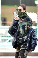 IRINA SHAYK in Camouflage Moschino Jumpsuit and Army Green Scarf Out in New York 04/14/2020