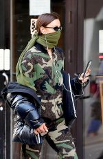 IRINA SHAYK in Camouflage Moschino Jumpsuit and Army Green Scarf Out in New York 04/14/2020