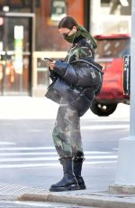 IRINA SHAYK in Camouflage Moschino Jumpsuit and Army Green Scarf Out in New York 04/14/2020