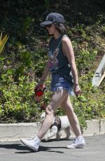 LUCY HALE in Denim Shorts Out with Her Dog in Beverly Hills 04/24/2020