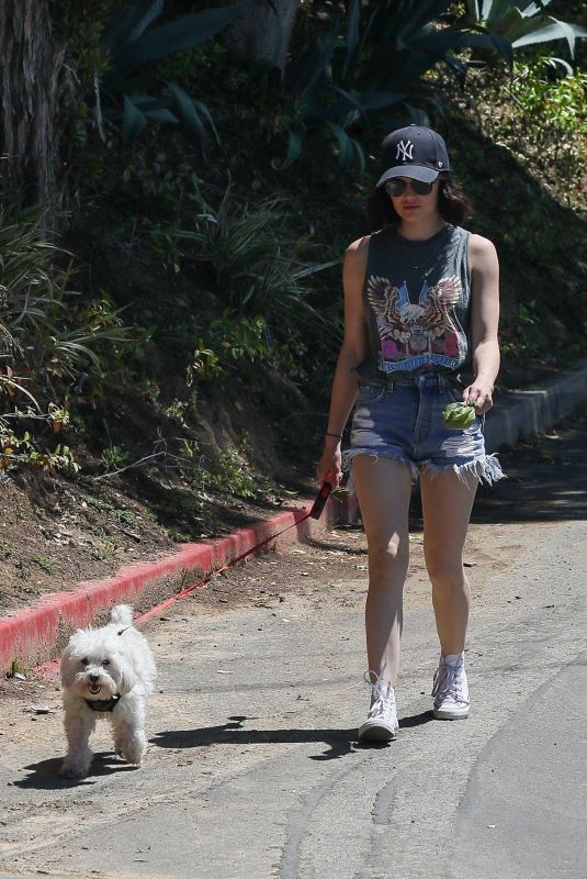 LUCY HALE in Denim Shorts Out with Her Dog in Beverly Hills 04/24/2020