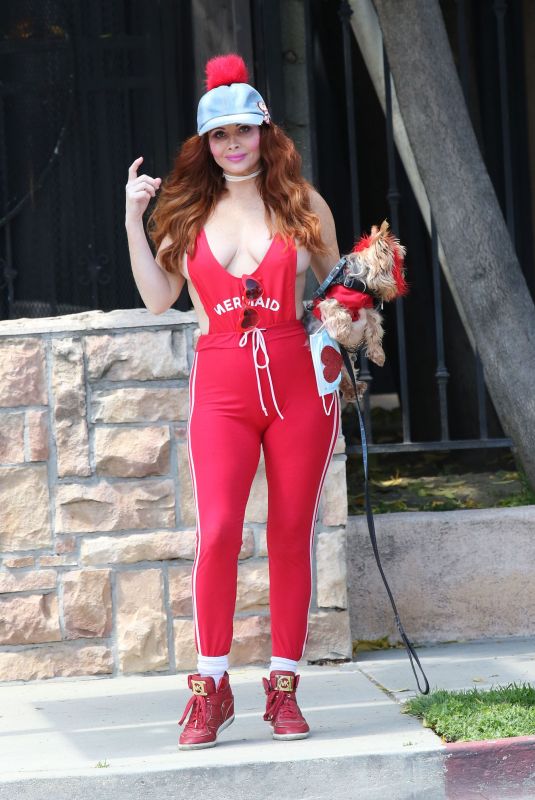 PHOEBE PRICE All in Red Out with Her Dog in Miami 04/02/2020