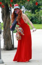 PHOEBE PRICE in a Red Dress Out with Her Dog 04/18/2020