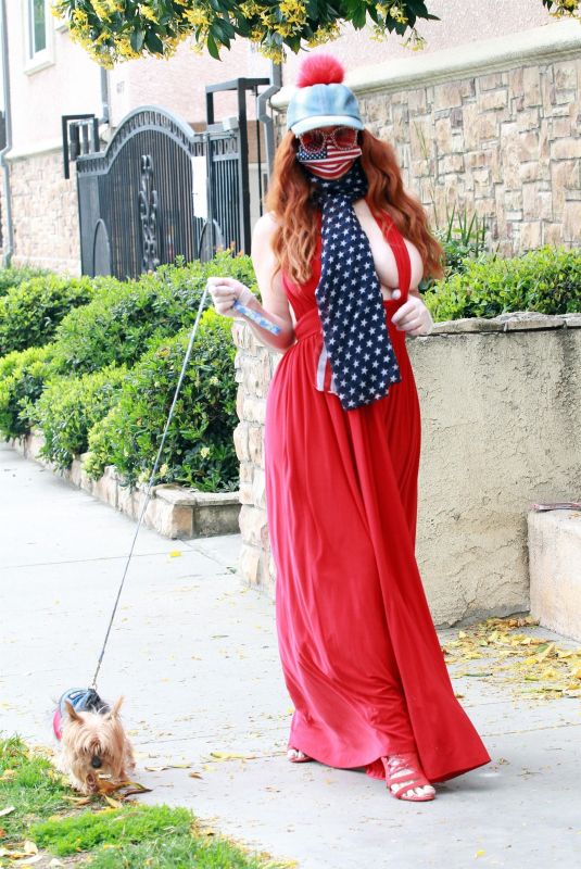 PHOEBE PRICE in a Red Dress Out with Her Dog 04/18/2020