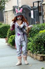 PHOEBE PRICE Wearing Masn and Easter Bunny Ears Out with Her Dog on in Los Angeles 04/09/2020