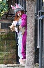 PHOEBE PRICE Wearing Masn and Easter Bunny Ears Out with Her Dog on in Los Angeles 04/09/2020