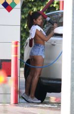 CJ FRANCO in Denim SHorts and Bikini Top Out Washing Her Car in Santa Monica 05/02/2020