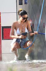 CJ FRANCO in Denim SHorts and Bikini Top Out Washing Her Car in Santa Monica 05/02/2020