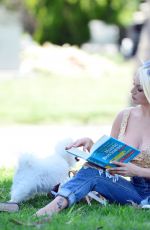 COURTNEY STODDEN in Ripped Denim Out with Her Dog at a Park in Beverly Hills 05/07/2020