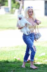 COURTNEY STODDEN in Ripped Denim Out with Her Dog at a Park in Beverly Hills 05/07/2020
