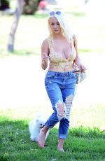 COURTNEY STODDEN in Ripped Denim Out with Her Dog at a Park in Beverly Hills 05/07/2020