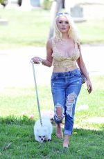 COURTNEY STODDEN in Ripped Denim Out with Her Dog at a Park in Beverly Hills 05/07/2020
