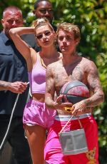 HAILEY BIEBER in a Pink Top and Shorts Out in Beverly Hills 05/25/2020