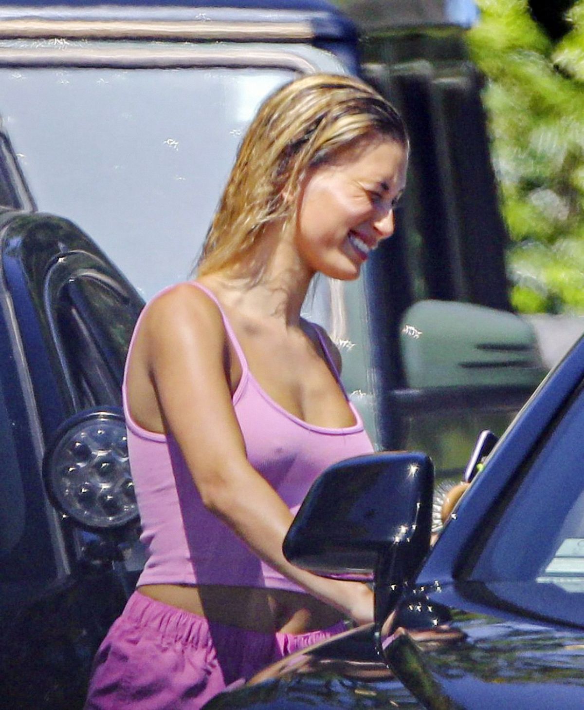 HAILEY BIEBER in a Pink Top and Shorts Out in Beverly Hills 05/25/2020.