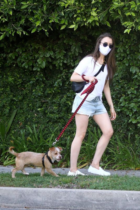 LILY COLLINS in Denim Shorts Out with Her Dog in Beverly Hills 05/08/2020