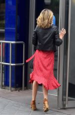 CHARLOTTE HAWKINS in a Red Dress and Leather Jacket Arrives at Global Radio in London 06/05/2020