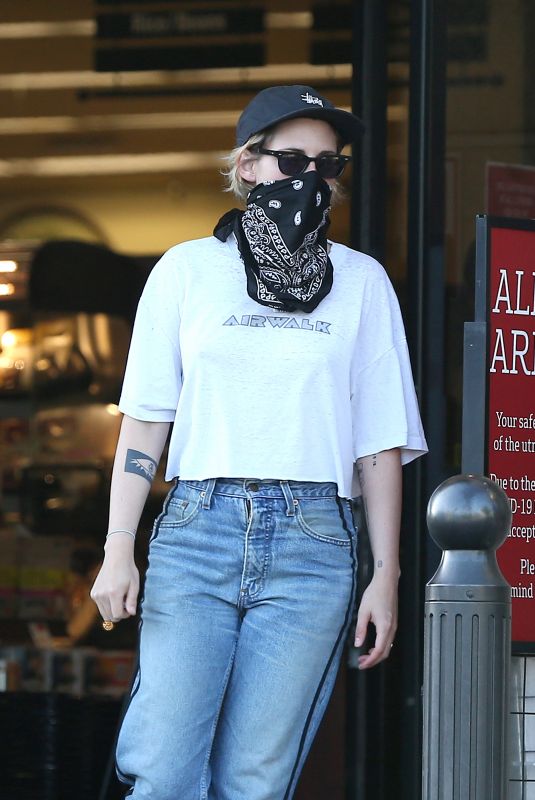 KRISTEN STEWART in Denim Wearing  Bandana Mask Out in Los Angeles 07/14/2020