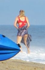 PARIS HILTON in a Red Swimsuit on the Beach in Malibu 07/27/2020
