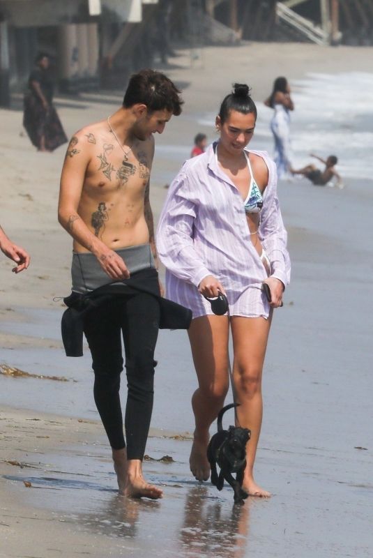 DUA LIPA in Bikini and Anwar Hadid Out with Their Dog at a Beach in Malibu 08/25/2020