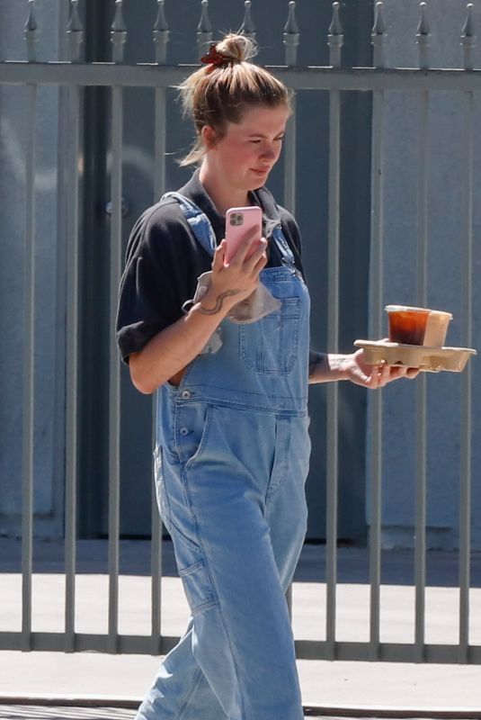 IRELAND BALDWIN in Denim Overalls Out for Iced Coffee in Los Angeles 08/10/2020