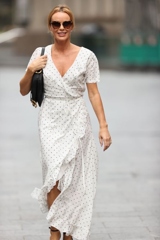AMANDA HOLDEN in a White Polka Dot Dress Arrives at Heart Radio in London 09/11/2020
