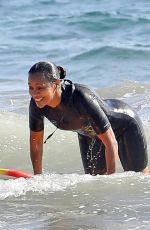 ZOE SALDANA in Wetsuit at Surf Session in Malibu 09/20/2020