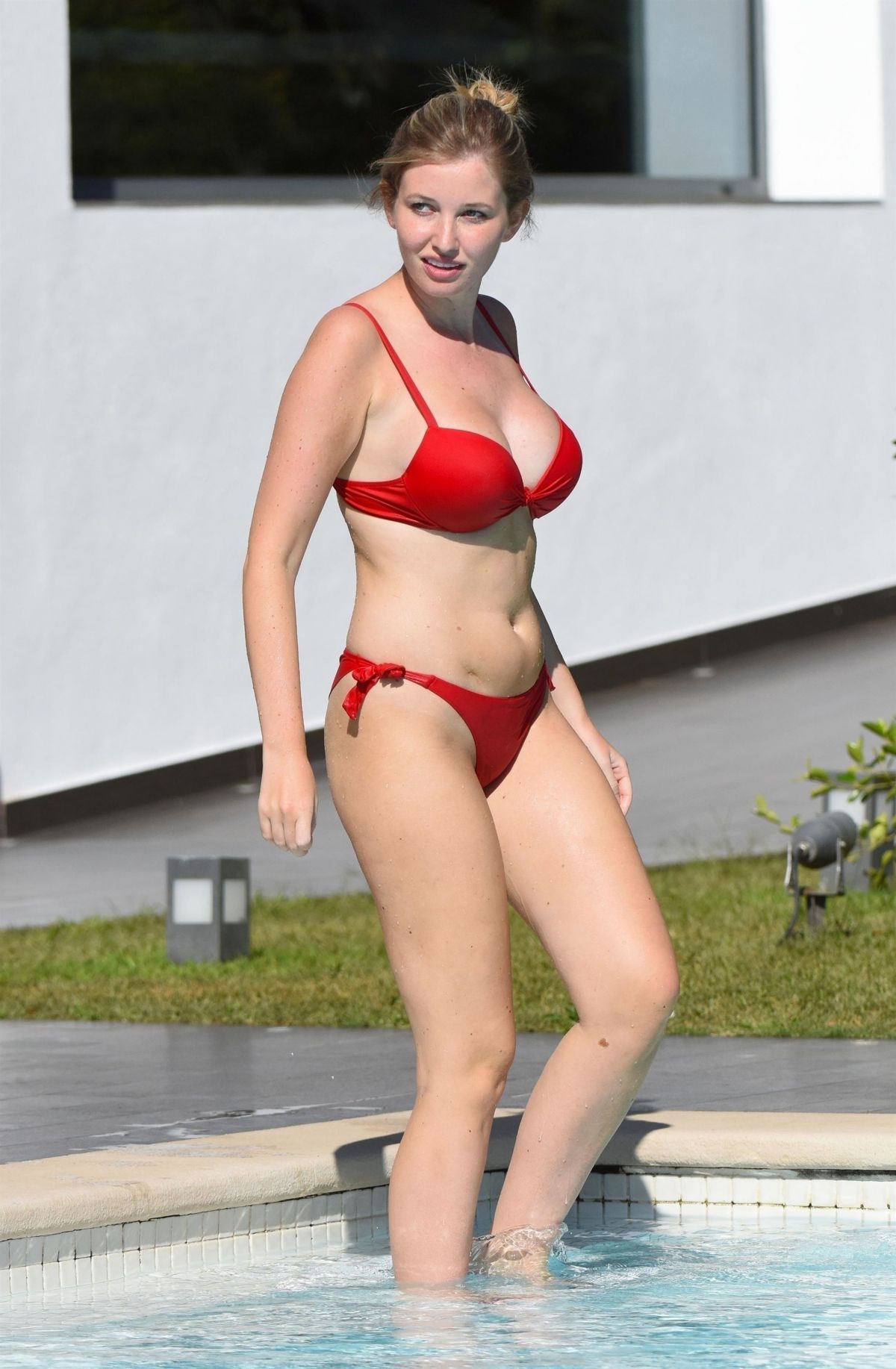 AMY HART in a Red Bed Bikini at a Pool in Portugal 10/02/2020 