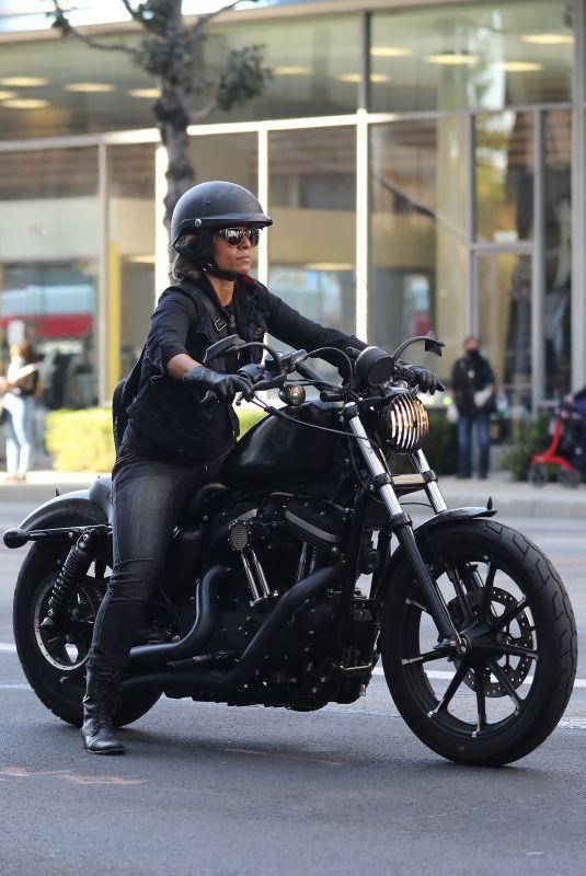 HALLE BERRY Driving Her Harley Davidson Bike Out in Beverly Hills 10/27/2020