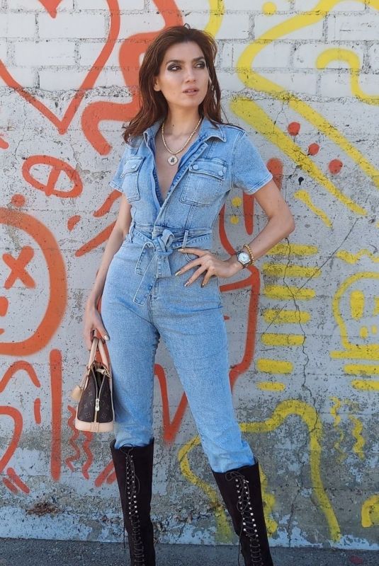 BLANCA BLANCO in a Denim Jumper Out in Los Angeles 11/09/2020