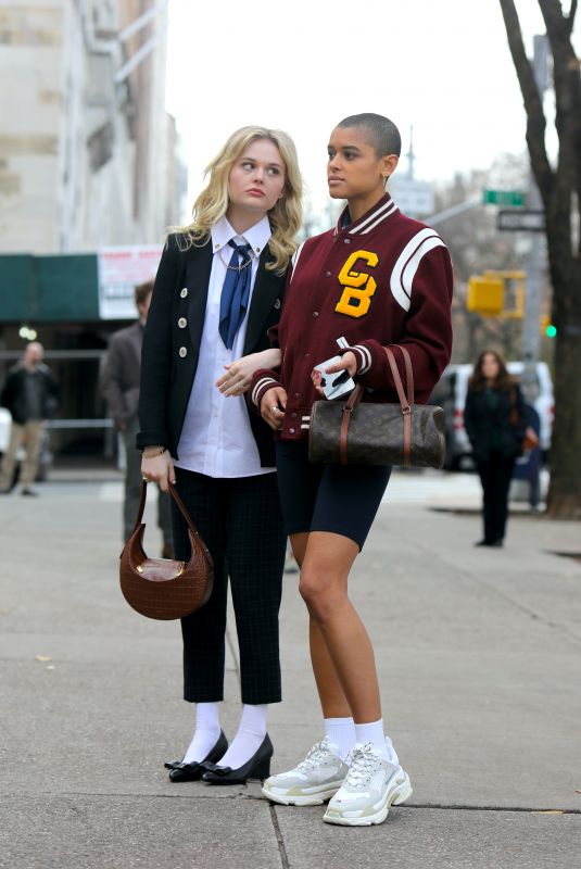 EMILY ALYN LIND, JORDAN ALEXANDER and WHITNEY PEAK on the Set of Gossip Girl on in New York 12/01/2020