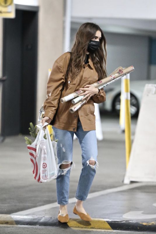 LILY COLLINS in Ripped Denim Out Shopping in West Hollywood 12/11/2020