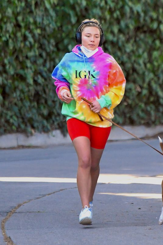 FLORENCE PUGH Out Jogging with Her Dog in Los Angeles 01/06/2021