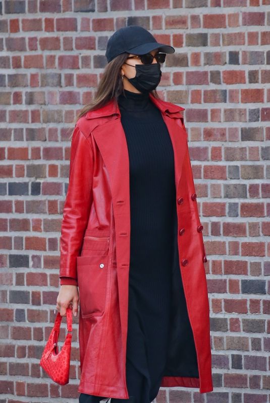 IRINA SHAYK in a Red Leather Jacket Out in New York 01/27/2021