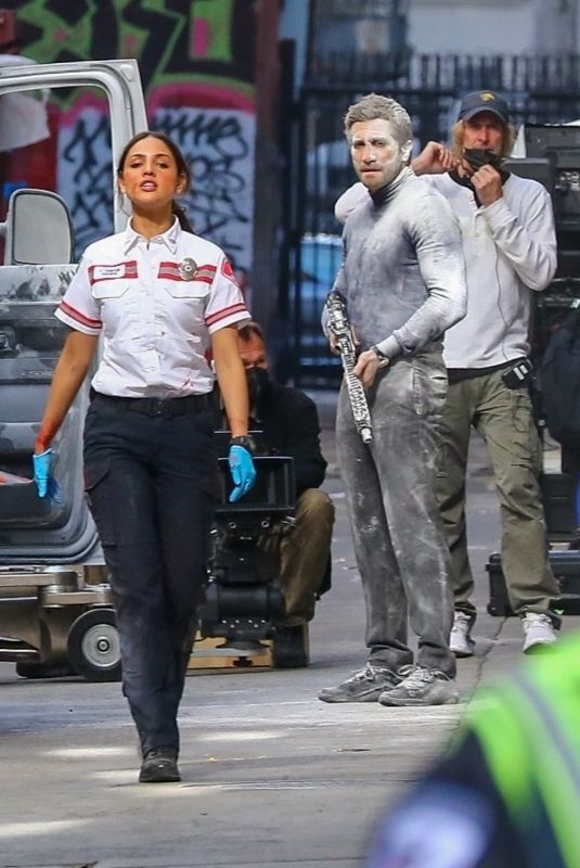 EIZA GONZALEZ and Jake Gyllenhaal on the Set of Ambulance in Los Angeles 02/03/2021