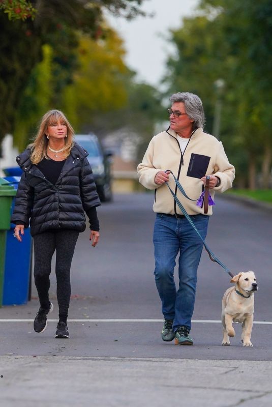 GOLDIE HAWN and Kurt Russell Out with Their Dog in Brentwood 02/15/2021