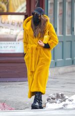IRINA SHAYK in a Long Yellow Coat Out in New York 02/12/2021