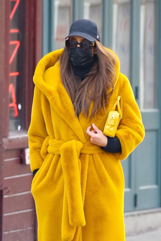 IRINA SHAYK in a Long Yellow Coat Out in New York 02/12/2021